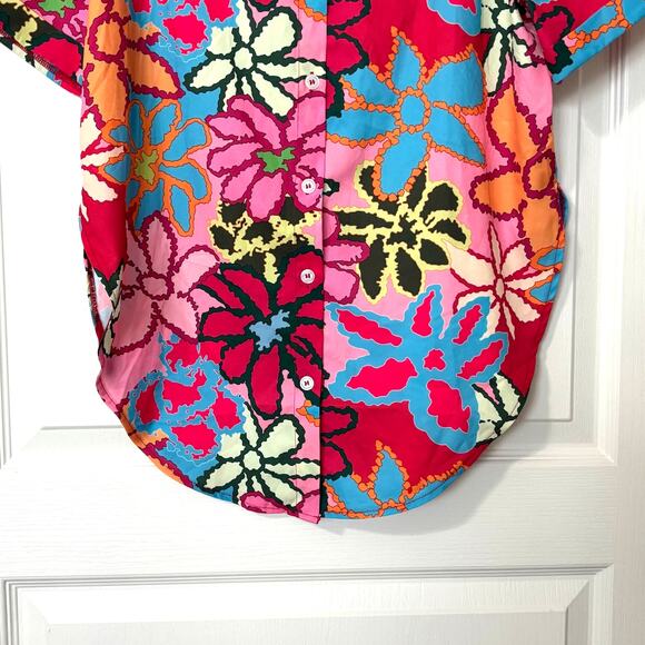 Wms L Vibrant Colorful Floral SS Button Up Tunic Shirt Dopamine Dressing - Picture 7 of 9